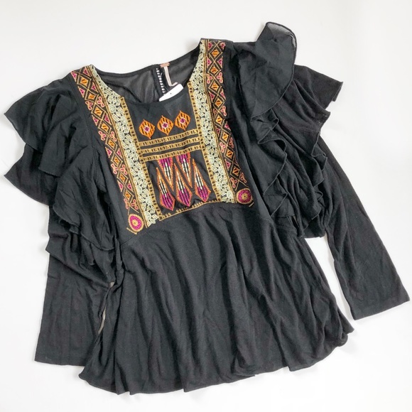 Free People Tops - NWT Free People Ruffle Sleeve Top W/ Embroidery S